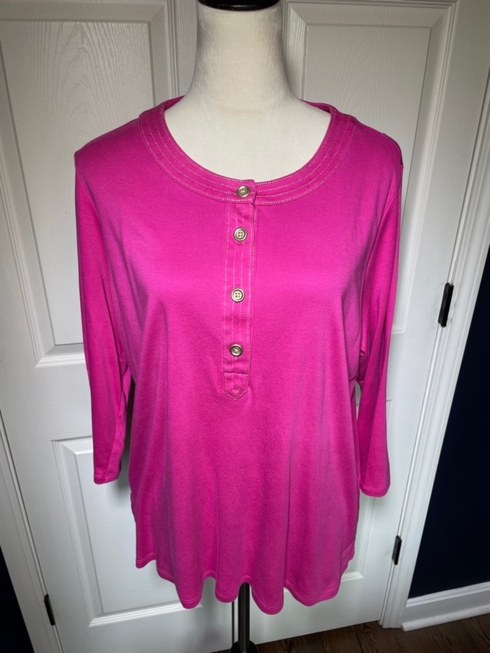 Talbots Fuchsia Button-Front Henley Top 3/4 Sleeve Size 1X